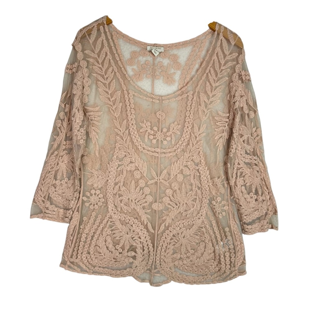 Saint Tropez West Sheer Lace Blouse Womens XL Blush Pink Embroidered Floral Top